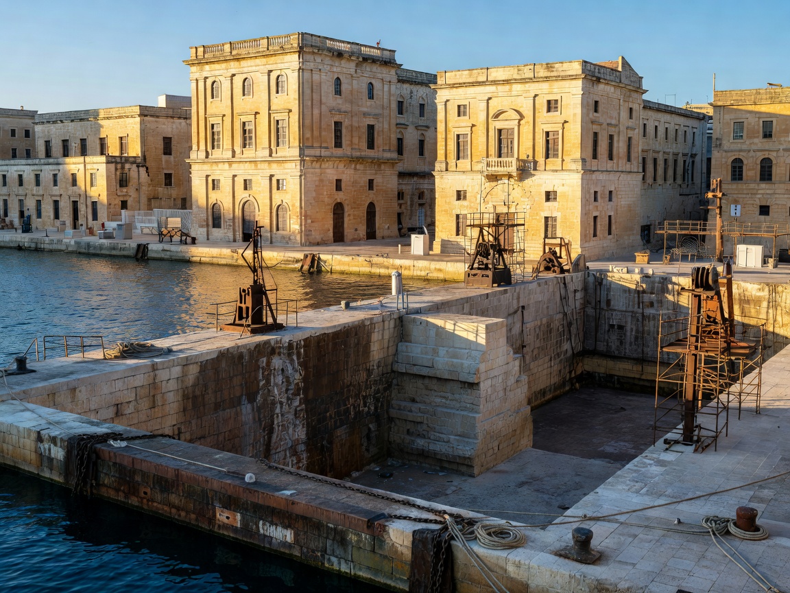Historic naval dry docks and British colonial maritime architecture inside the Grand Harbour of Malta