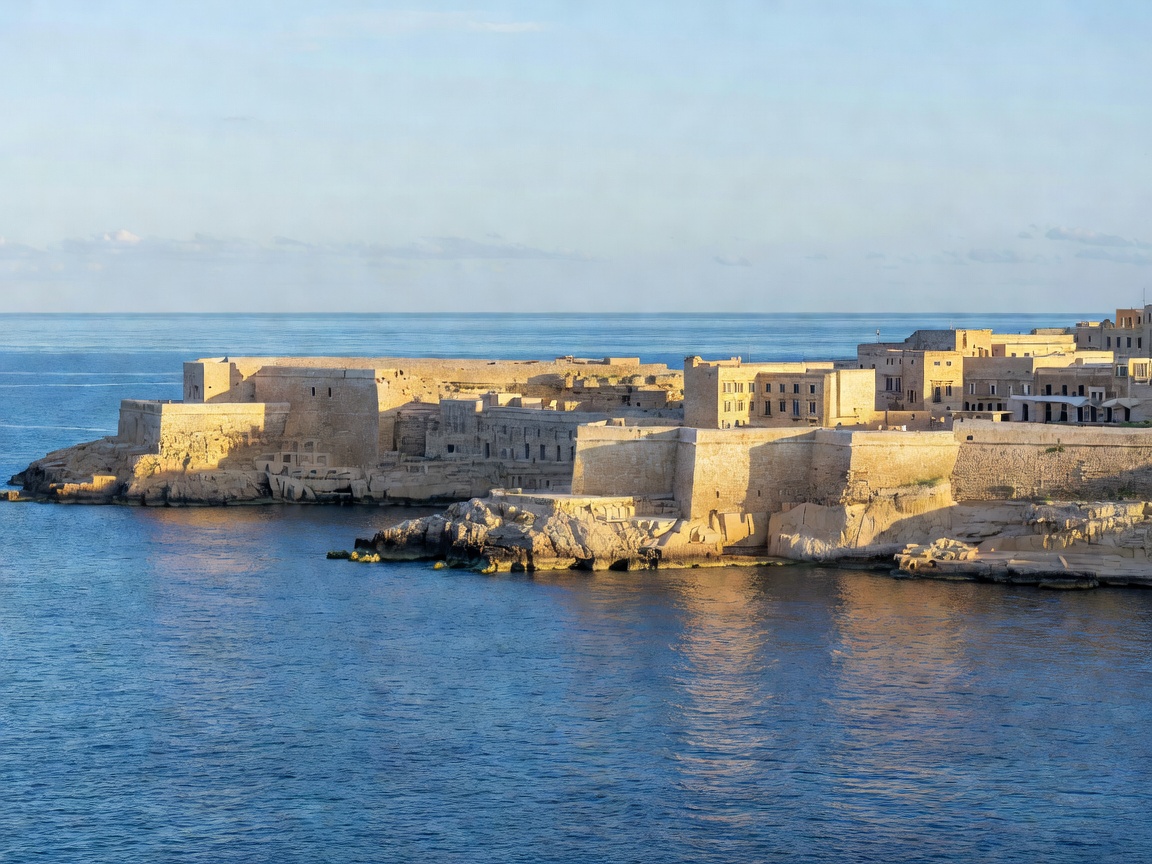 Panoramic view of the Grand Harbour in Valletta showing historic limestone bastions and fortifications overlooking the Mediterranean water