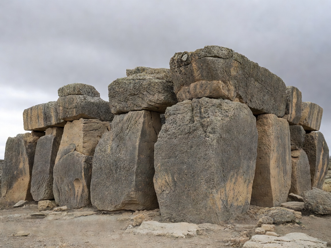Massive corbelled megalithic stone blocks at the prehistoric temples of Ggantija in Gozo