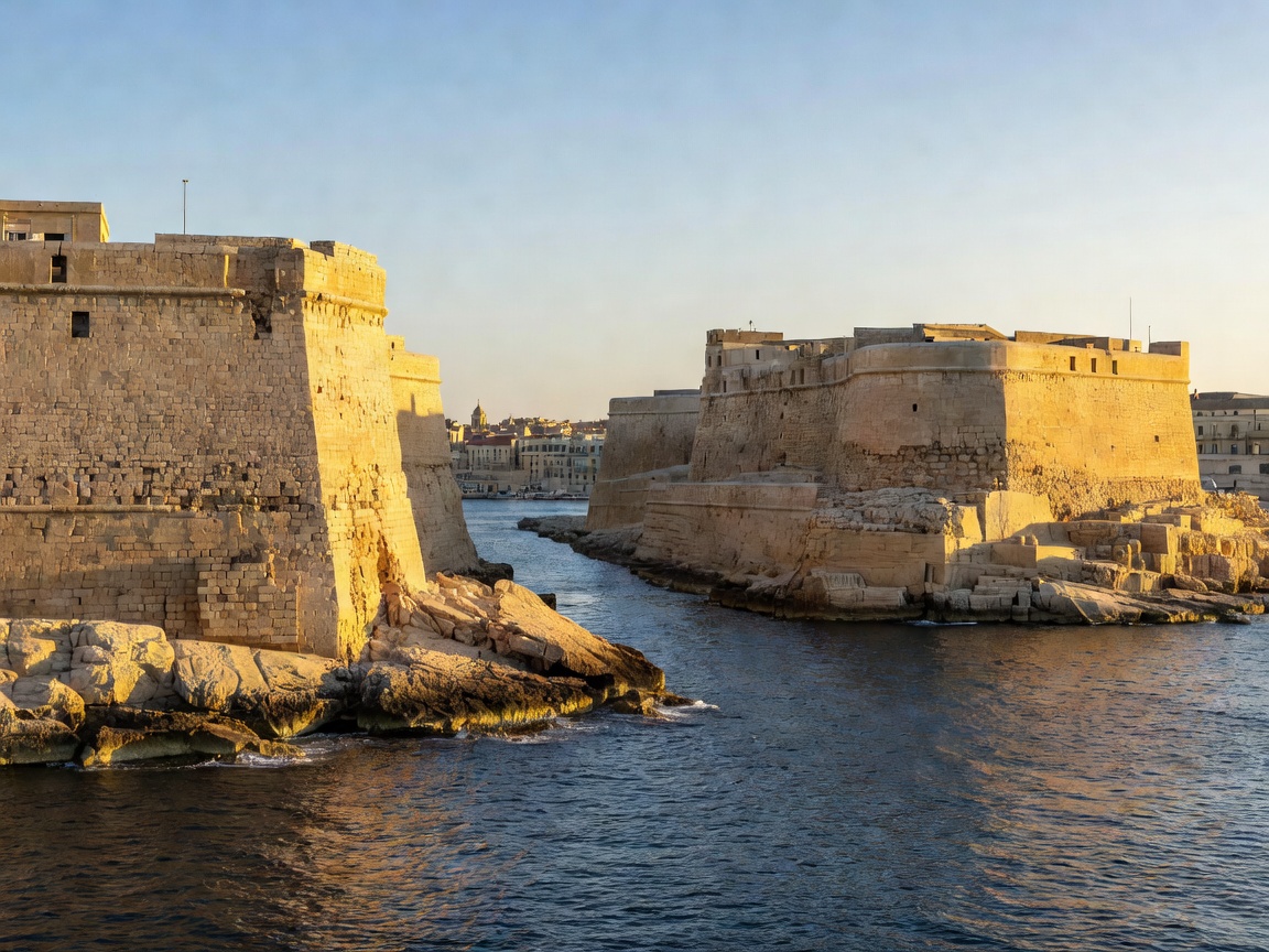 Massive stone ramparts of Fort Saint Angelo guarding the entrance to the Grand Harbour in Birgu