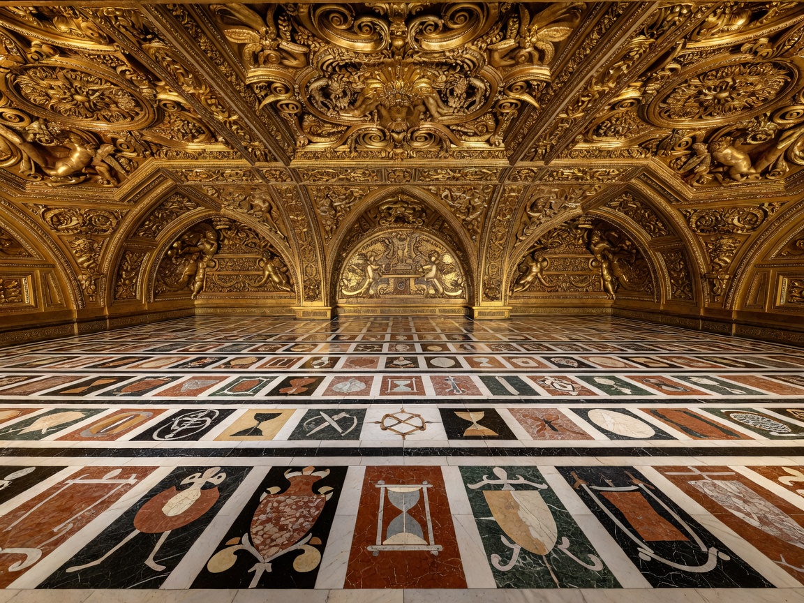 Ornate gilded baroque interior ceiling and marble inlaid tombstone floor of Saint John's Co-Cathedral in Valletta