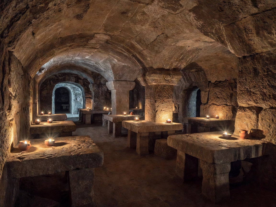 Carved rock-hewn underground corridors and agape dining tables inside Saint Paul's Catacombs in Rabat Malta
